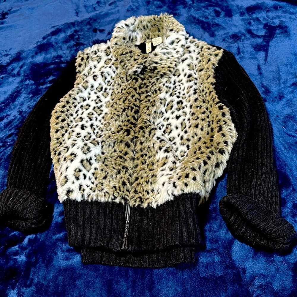 Faux fur black and white leopard print sweater, vintage